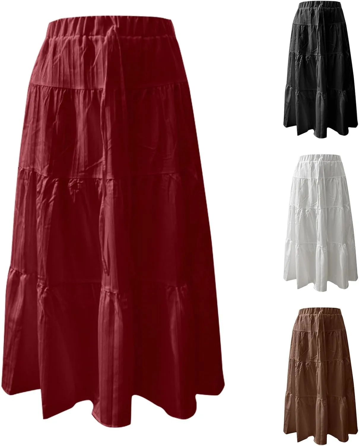 Women's Flowy Maxi Skirt Boho Flared Ruffle Elastic High Waisted Pleated Tiered Summer Long Skirts with Pockets
