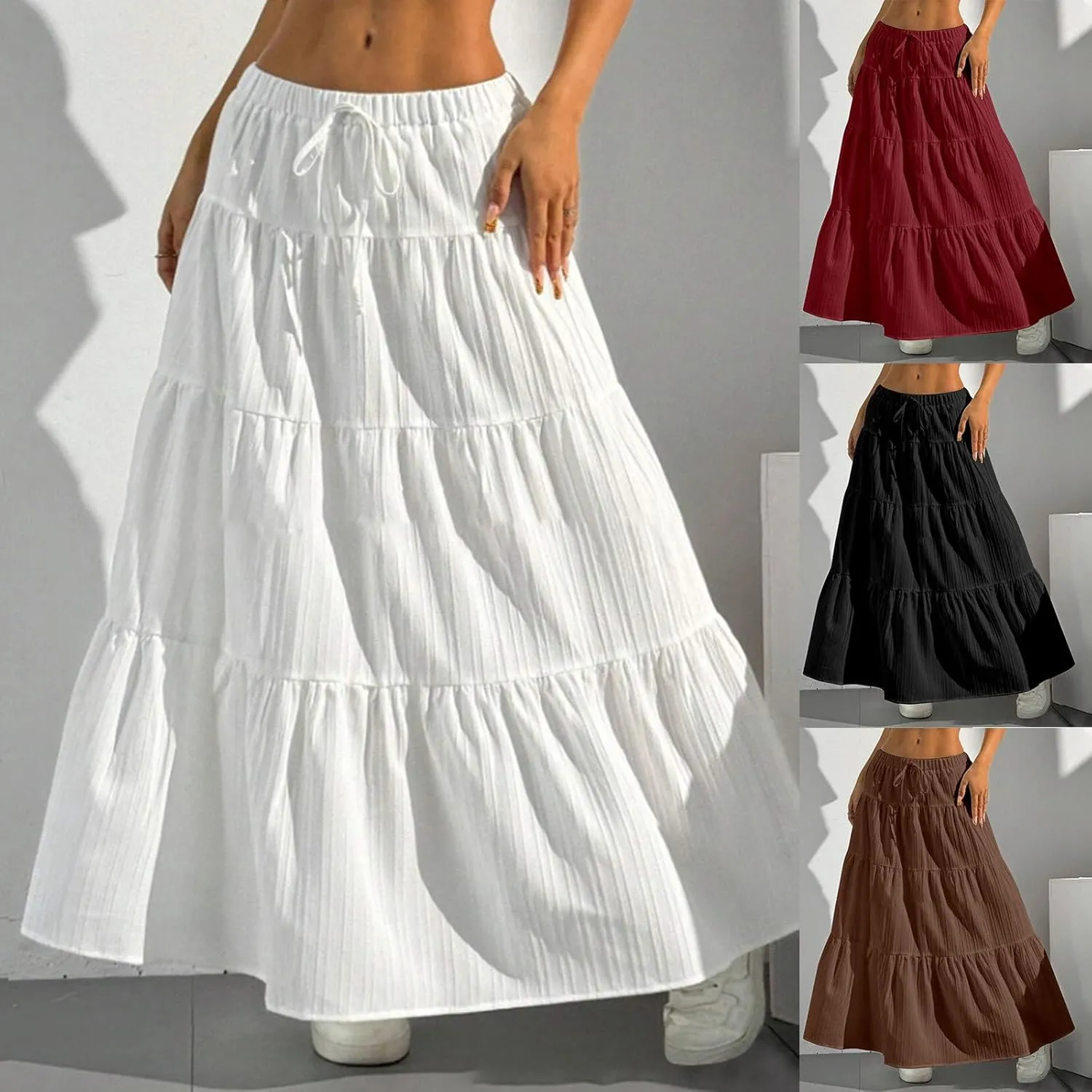 Women's Flowy Maxi Skirt Boho Flared Ruffle Elastic High Waisted Pleated Tiered Summer Long Skirts with Pockets