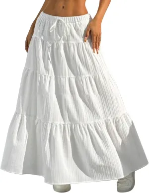 Women's Flowy Maxi Skirt Boho Flared Ruffle Elastic High Waisted Pleated Tiered Summer Long Skirts with Pockets