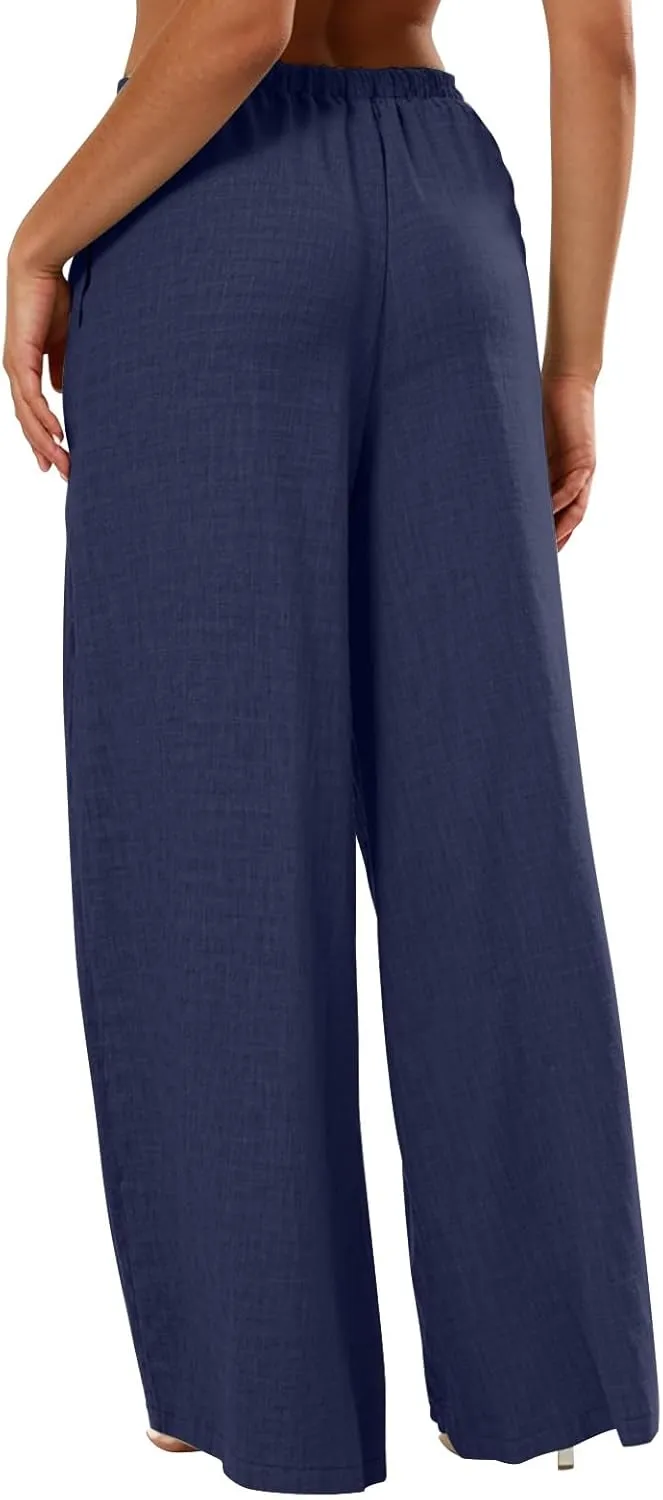 Women's Flowy Wide Leg Linen Pants Casual Beach Pants Elastic Waisted Drawstring Palazzo Trousers with Pockets