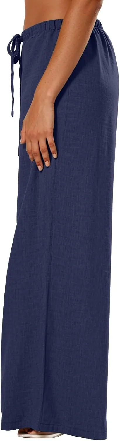 Women's Flowy Wide Leg Linen Pants Casual Beach Pants Elastic Waisted Drawstring Palazzo Trousers with Pockets