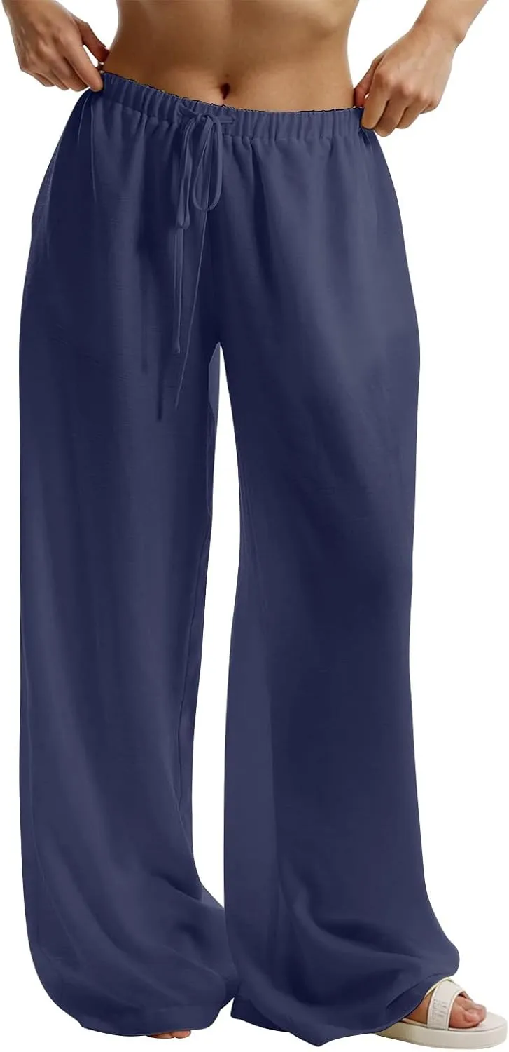 Women's Flowy Wide Leg Linen Pants Casual Beach Pants Elastic Waisted Drawstring Palazzo Trousers with Pockets