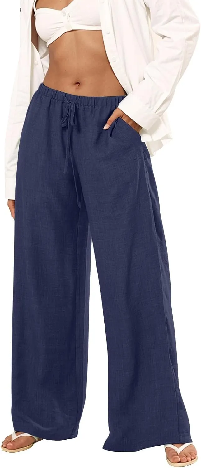 Women's Flowy Wide Leg Linen Pants Casual Beach Pants Elastic Waisted Drawstring Palazzo Trousers with Pockets