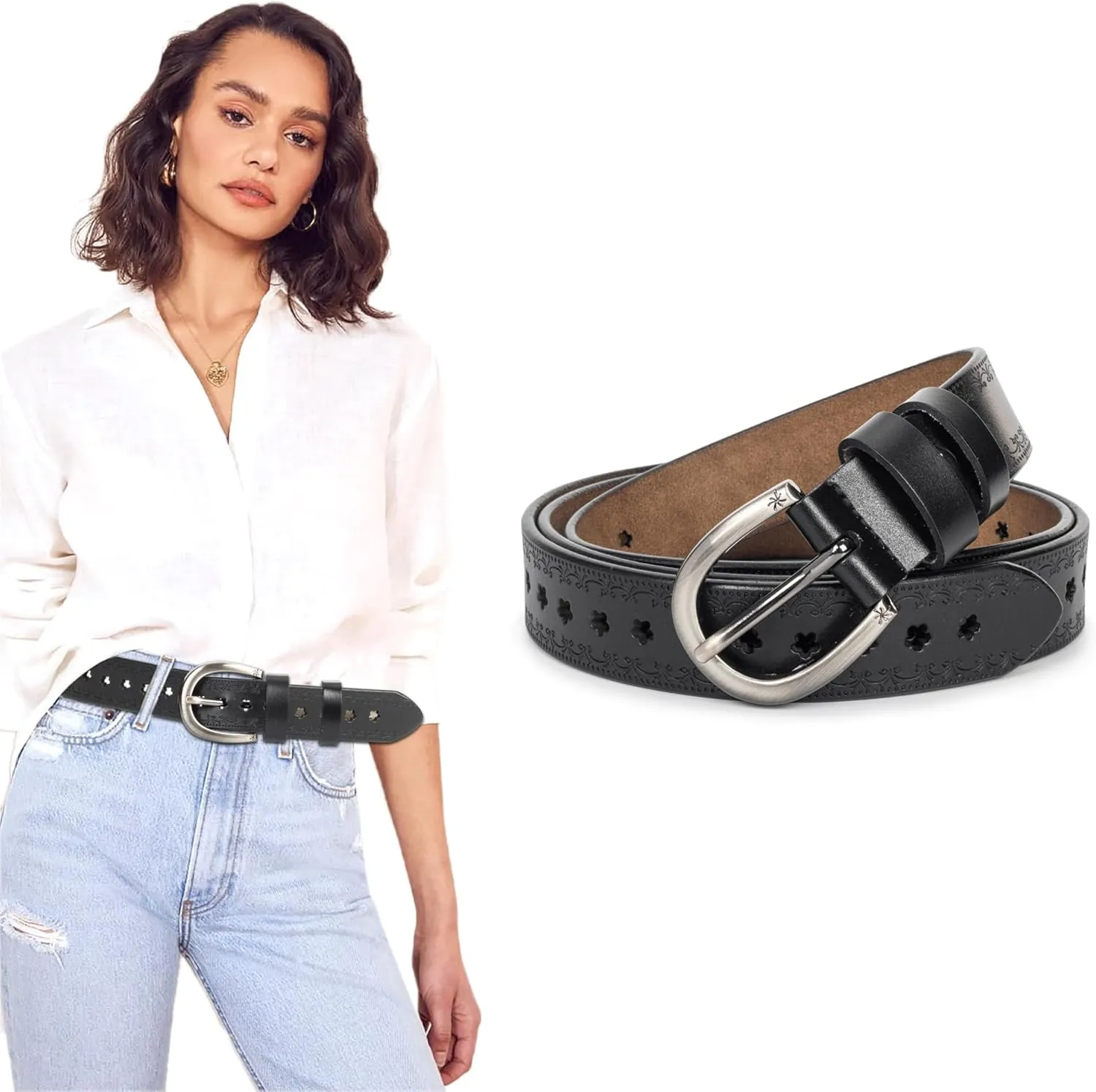 Women’s Genuine-Cowhide-Hollow-Flower-Leather-Belt - Adjustable Vintage Waist-Belt with Pin Buckle for Jeans Dresses