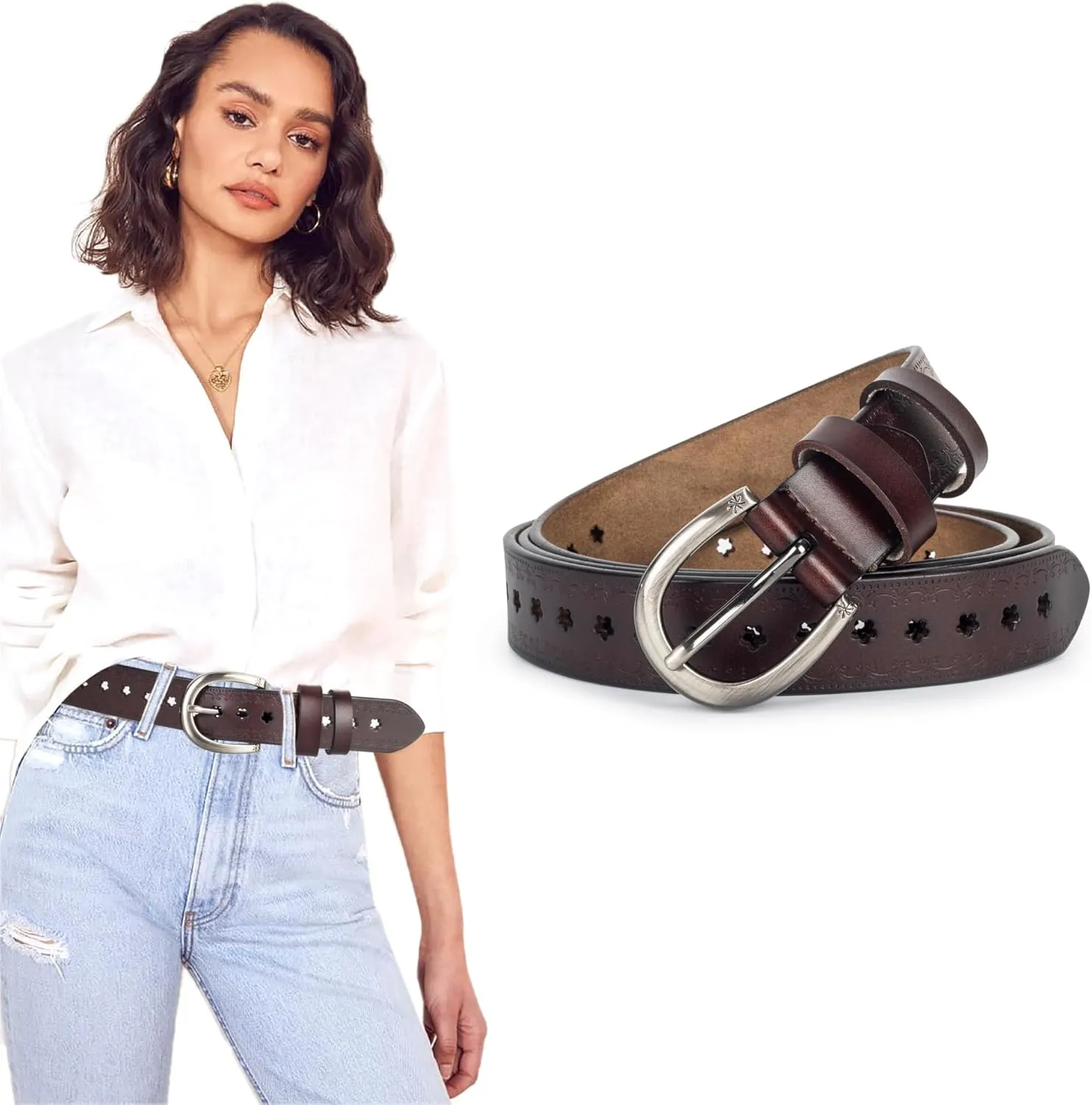 Women’s Genuine-Cowhide-Hollow-Flower-Leather-Belt - Adjustable Vintage Waist-Belt with Pin Buckle for Jeans Dresses