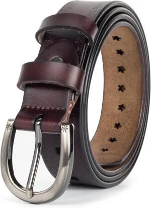 Women’s Genuine-Cowhide-Hollow-Flower-Leather-Belt - Adjustable Vintage Waist-Belt with Pin Buckle for Jeans Dresses