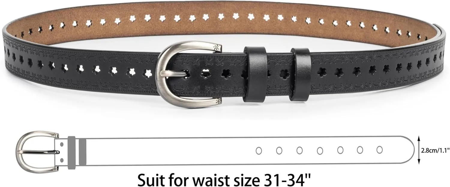 Women’s Genuine-Cowhide-Hollow-Flower-Leather-Belt - Adjustable Vintage Waist-Belt with Pin Buckle for Jeans Dresses