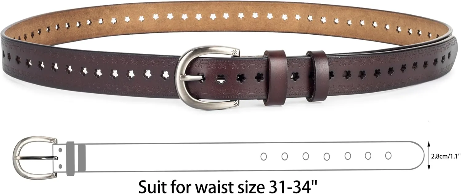 Women’s Genuine-Cowhide-Hollow-Flower-Leather-Belt - Adjustable Vintage Waist-Belt with Pin Buckle for Jeans Dresses
