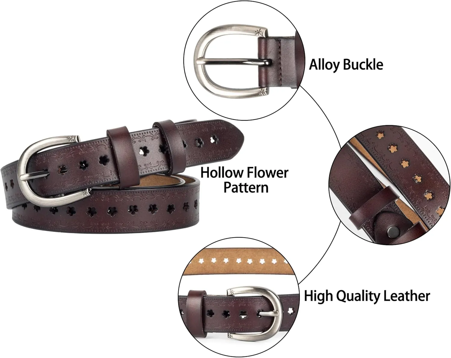Women’s Genuine-Cowhide-Hollow-Flower-Leather-Belt - Adjustable Vintage Waist-Belt with Pin Buckle for Jeans Dresses