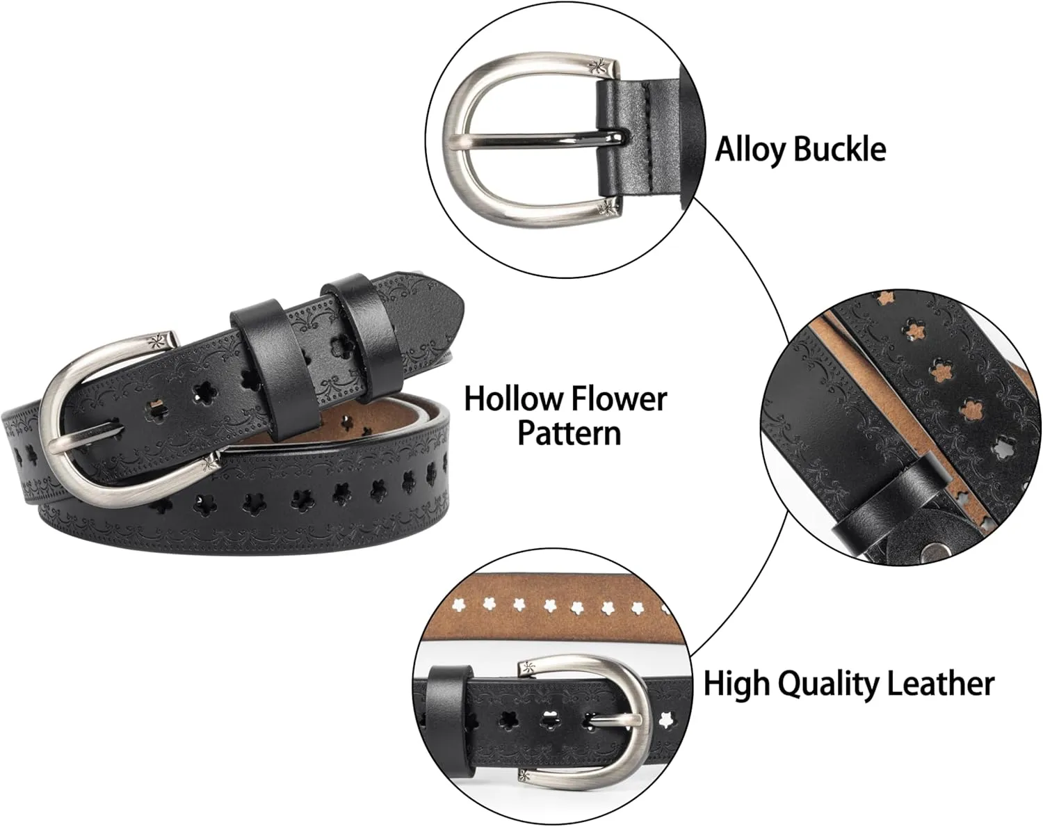 Women’s Genuine-Cowhide-Hollow-Flower-Leather-Belt - Adjustable Vintage Waist-Belt with Pin Buckle for Jeans Dresses