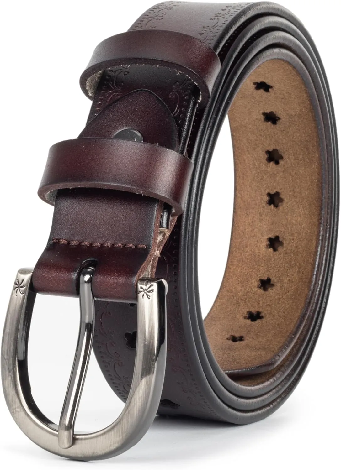 Women’s Genuine-Cowhide-Hollow-Flower-Leather-Belt - Adjustable Vintage Waist-Belt with Pin Buckle for Jeans Dresses