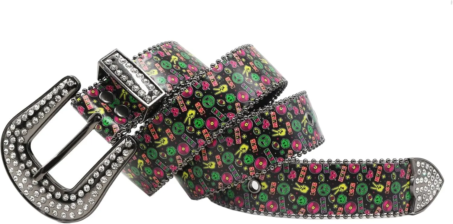 Womens Graffiti Printed Belt for Jeans Dresses Pants Ladies Leather Strap Waistband with Shiny Rhinestones Buckle