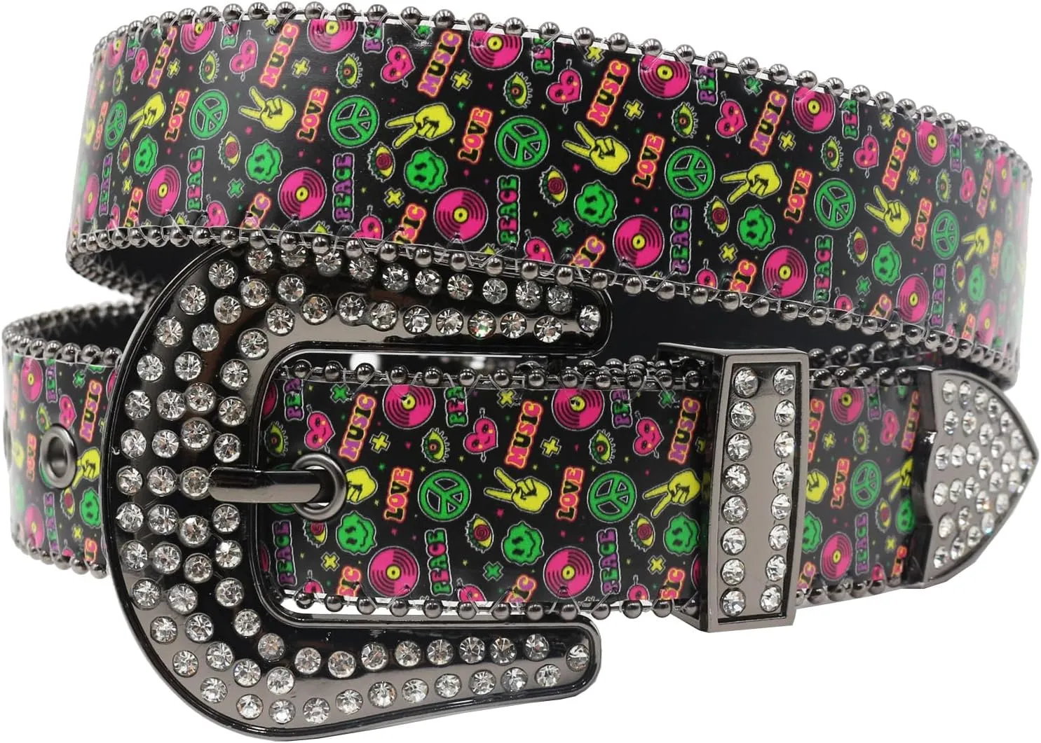 Womens Graffiti Printed Belt for Jeans Dresses Pants Ladies Leather Strap Waistband with Shiny Rhinestones Buckle