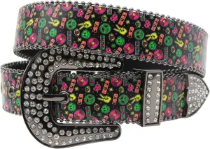 Womens Graffiti Printed Belt for Jeans Dresses Pants Ladies Leather Strap Waistband with Shiny Rhinestones Buckle