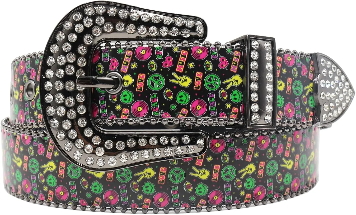 Womens Graffiti Printed Belt for Jeans Dresses Pants Ladies Leather Strap Waistband with Shiny Rhinestones Buckle