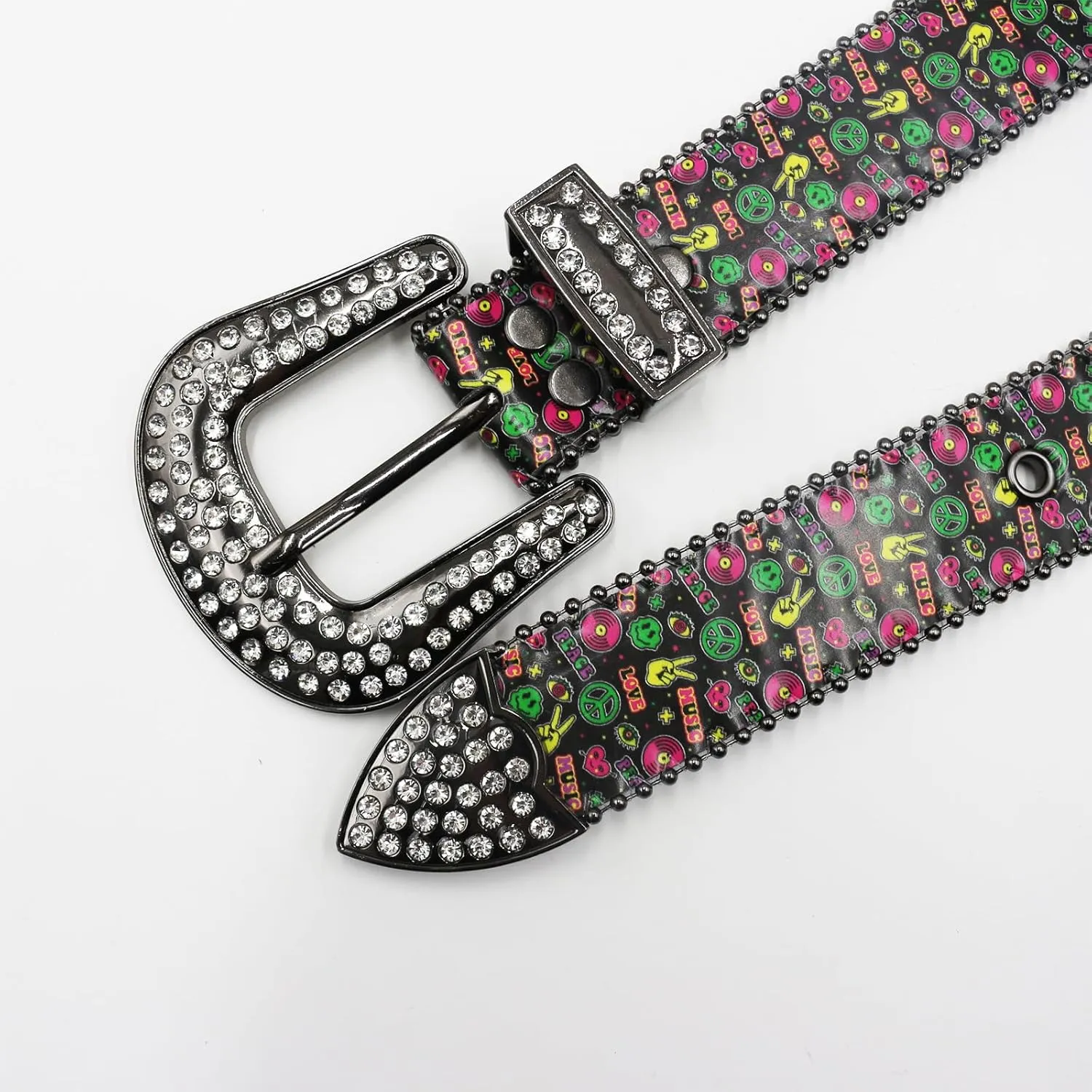 Womens Graffiti Printed Belt for Jeans Dresses Pants Ladies Leather Strap Waistband with Shiny Rhinestones Buckle