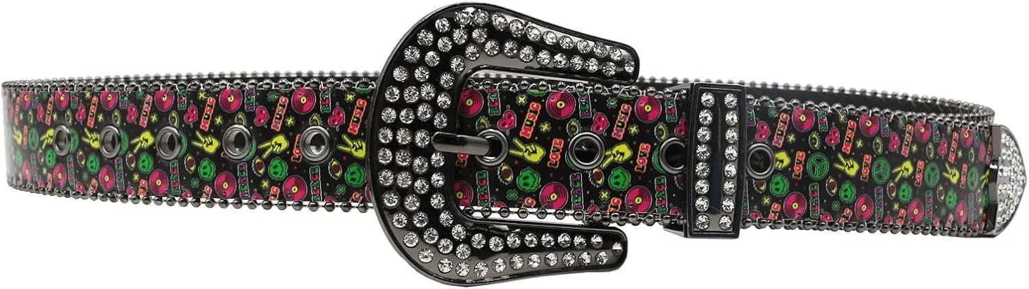 Womens Graffiti Printed Belt for Jeans Dresses Pants Ladies Leather Strap Waistband with Shiny Rhinestones Buckle