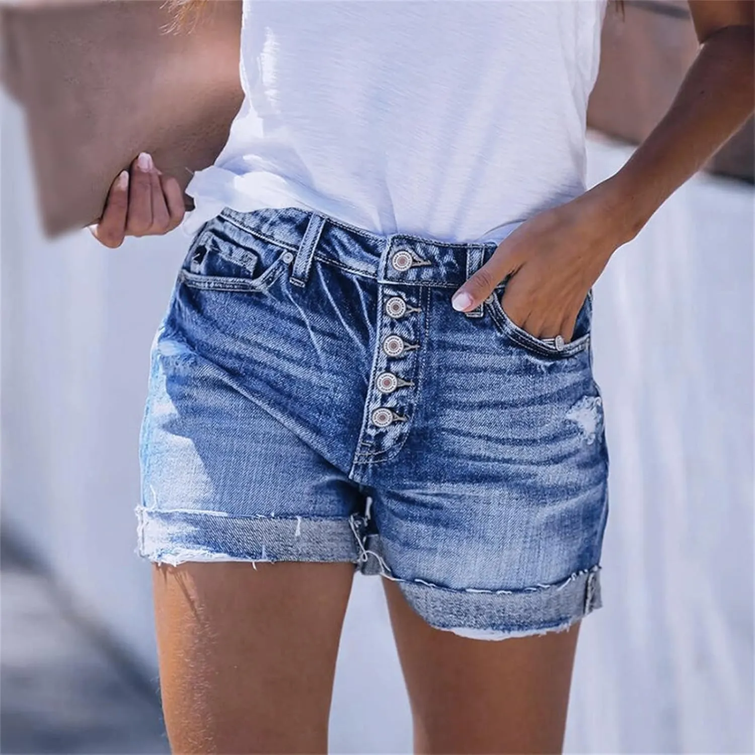 Women's Jean Shorts Button Fly Stretchy High Waisted Rolled Hem Summer Denim Shorts with Pockets Summer Casual Shorts