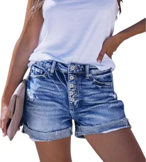 Women's Jean Shorts Button Fly Stretchy High Waisted Rolled Hem Summer Denim Shorts with Pockets Summer Casual Shorts