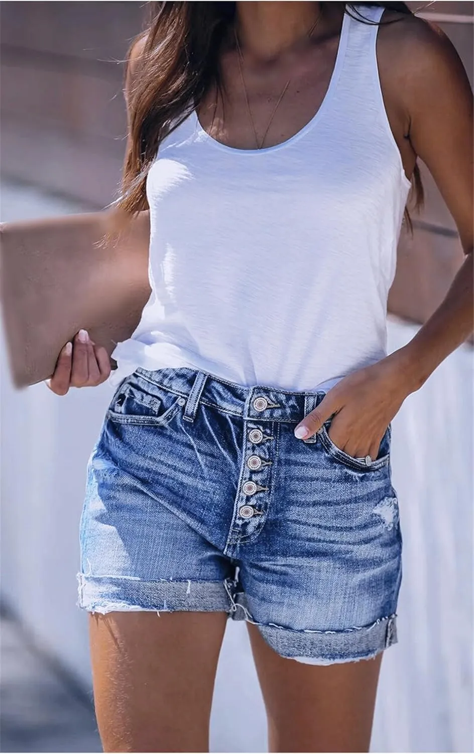 Women's Jean Shorts Button Fly Stretchy High Waisted Rolled Hem Summer Denim Shorts with Pockets Summer Casual Shorts