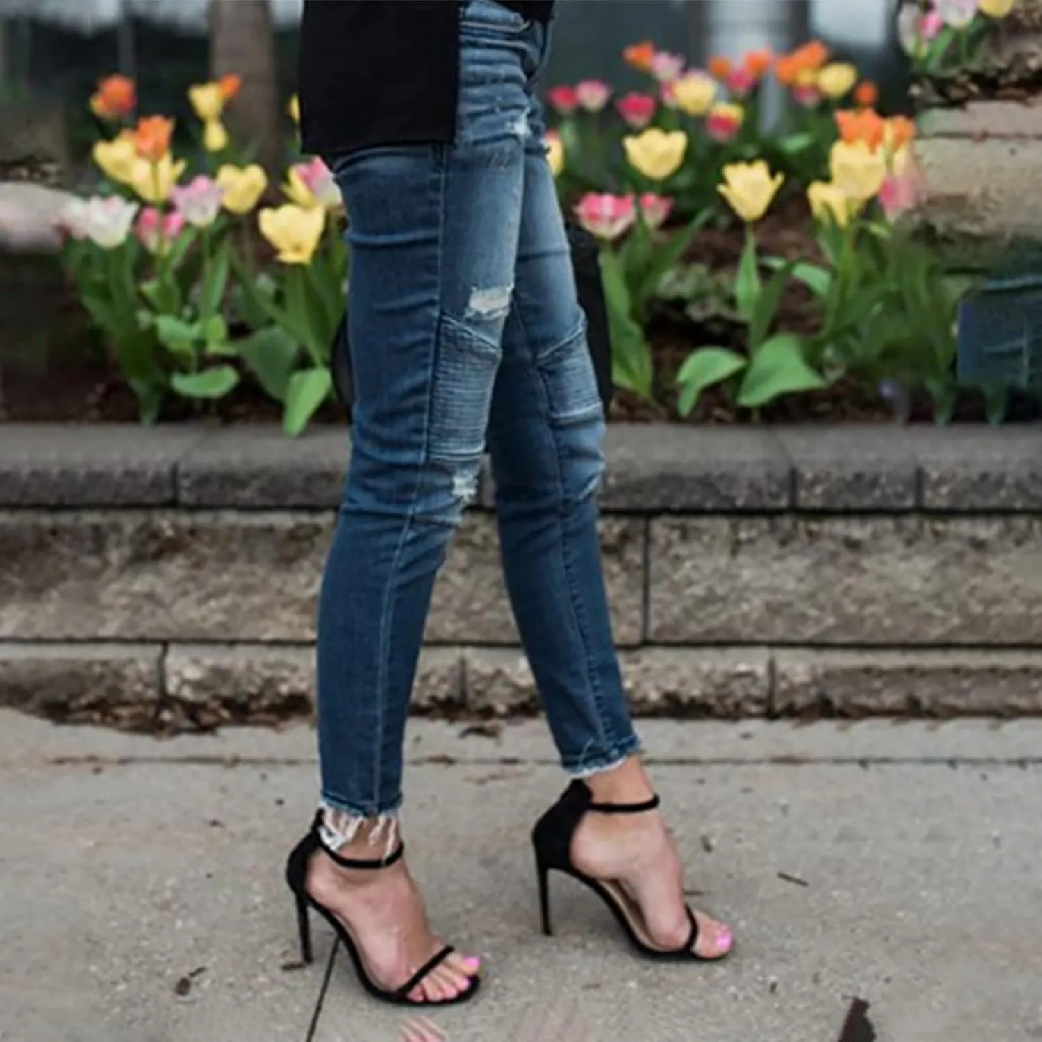 Women's Jeans Trendy Ripped Jeans Stretch Skinny Straight Leg Denim Pants with Holes