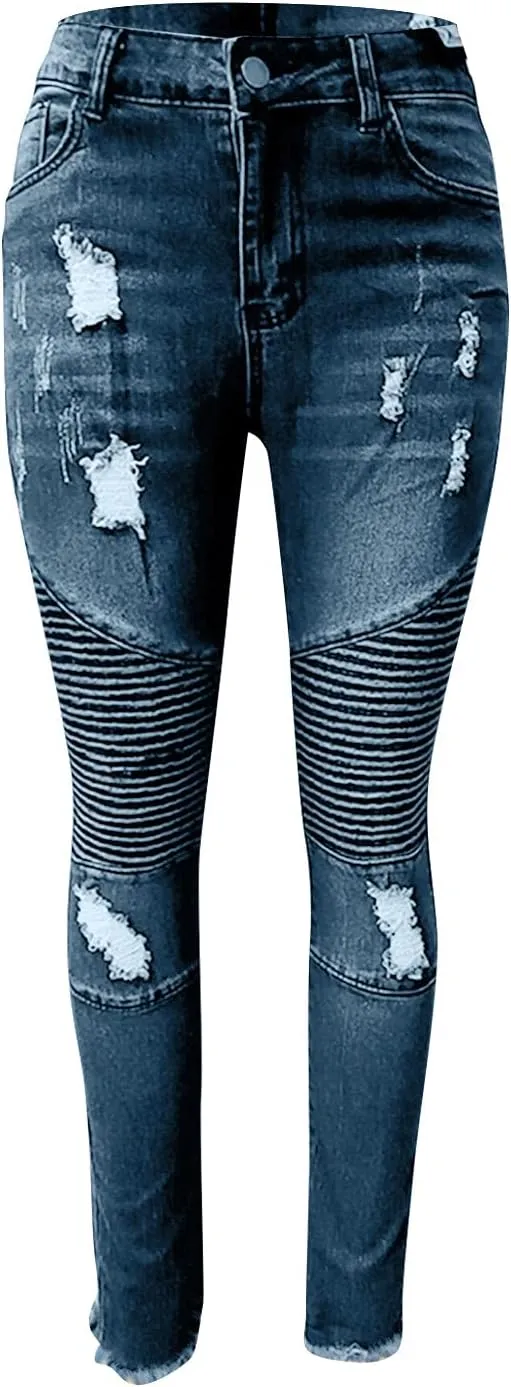 Women's Jeans Trendy Ripped Jeans Stretch Skinny Straight Leg Denim Pants with Holes