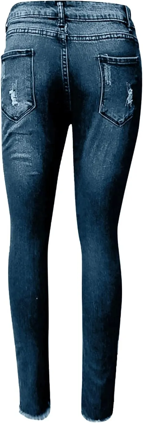 Women's Jeans Trendy Ripped Jeans Stretch Skinny Straight Leg Denim Pants with Holes