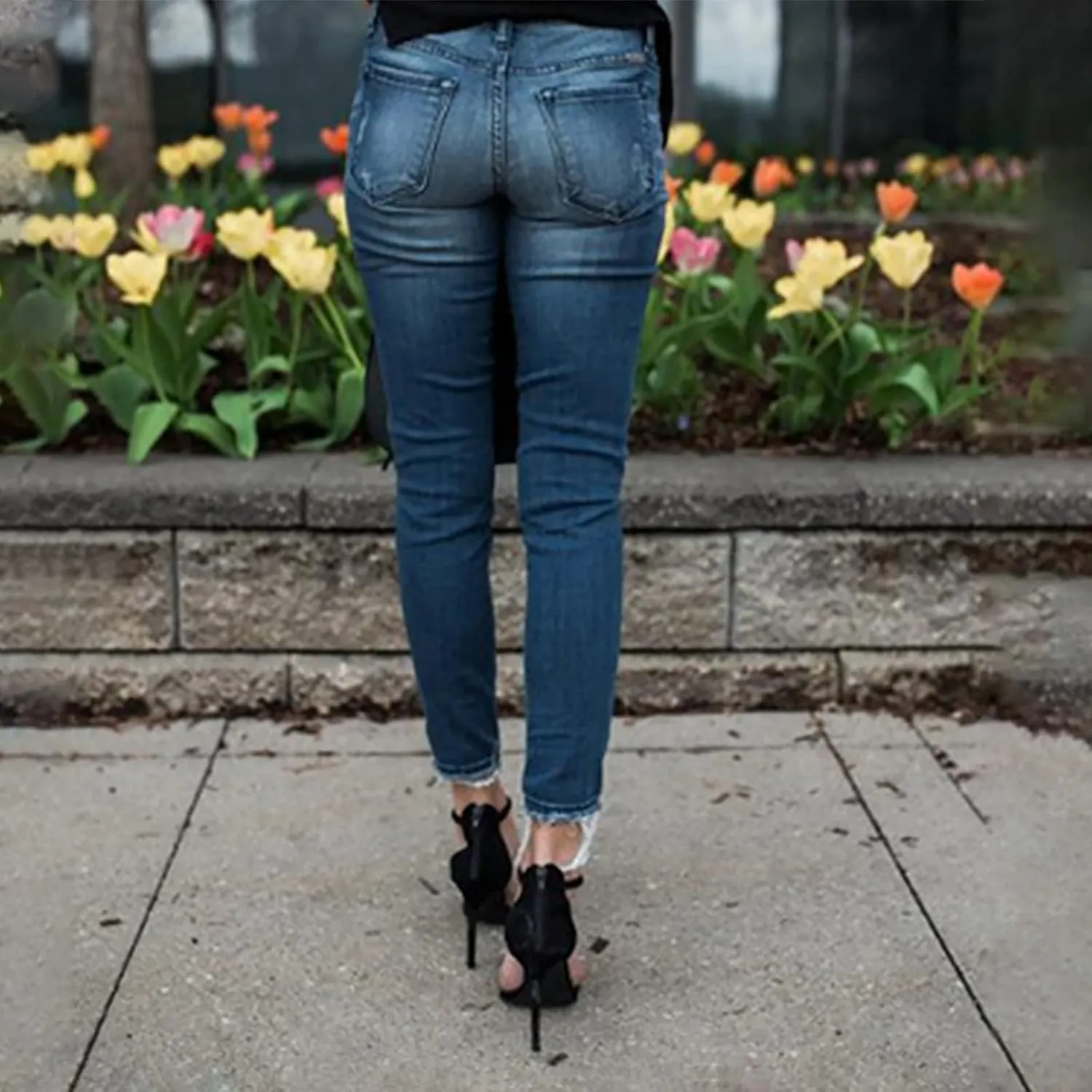 Women's Jeans Trendy Ripped Jeans Stretch Skinny Straight Leg Denim Pants with Holes