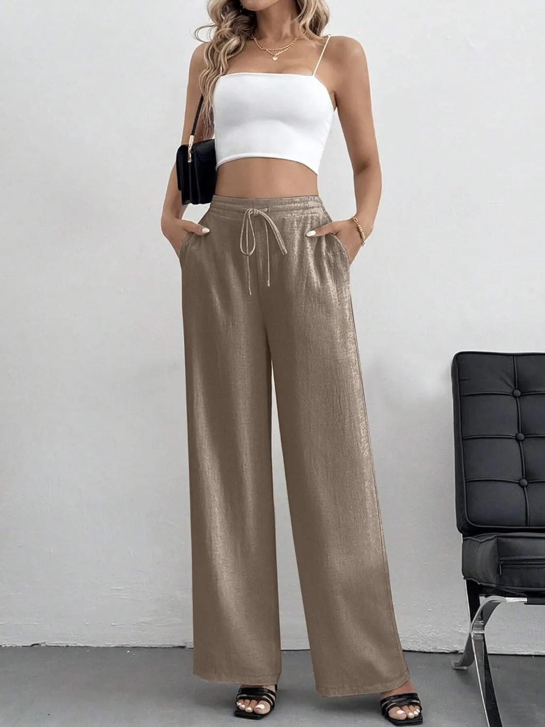 Women's Linen Pants for Summer Loose Beach Palazzo Pants with Pockets