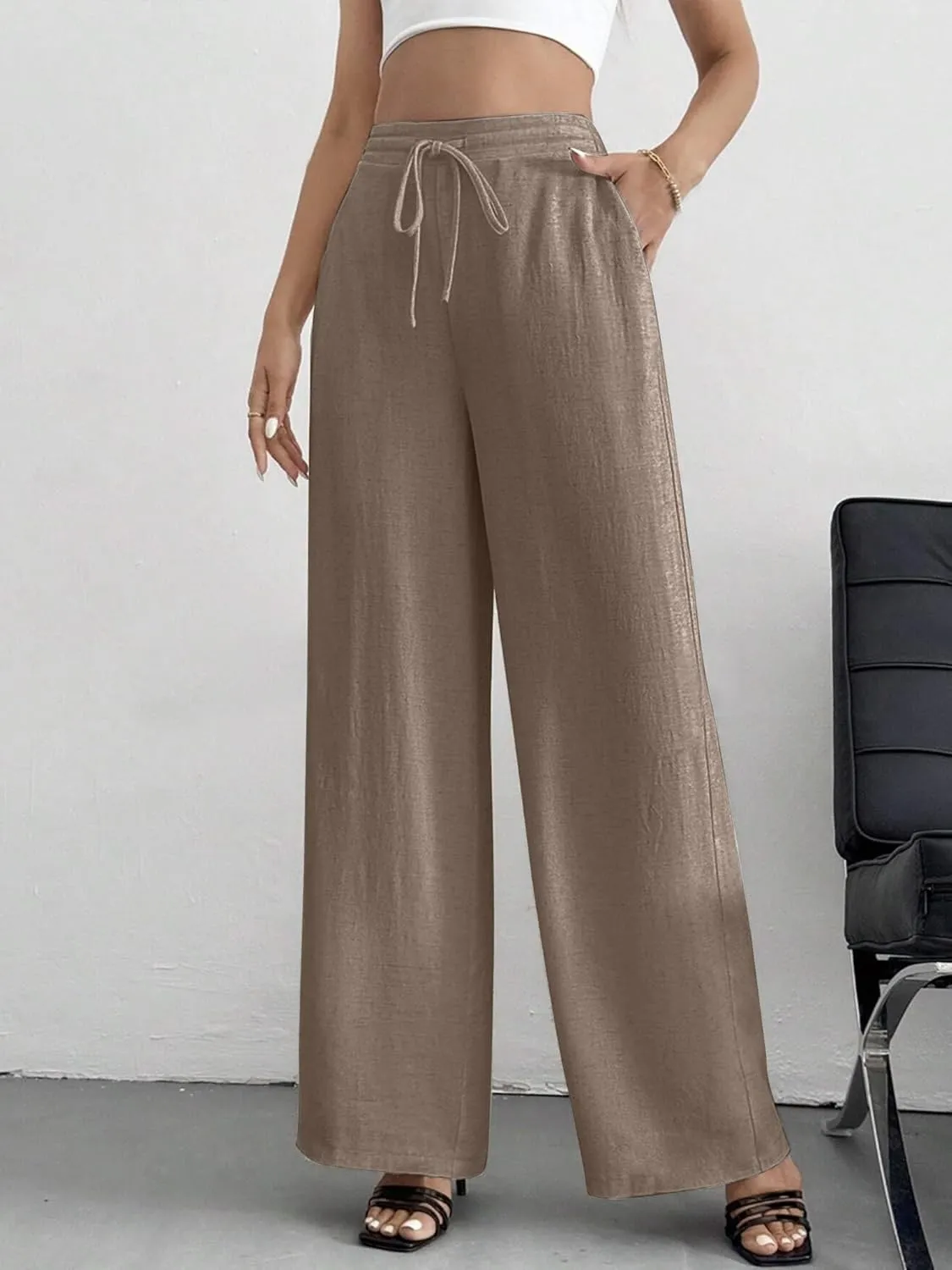 Women's Linen Pants for Summer Loose Beach Palazzo Pants with Pockets