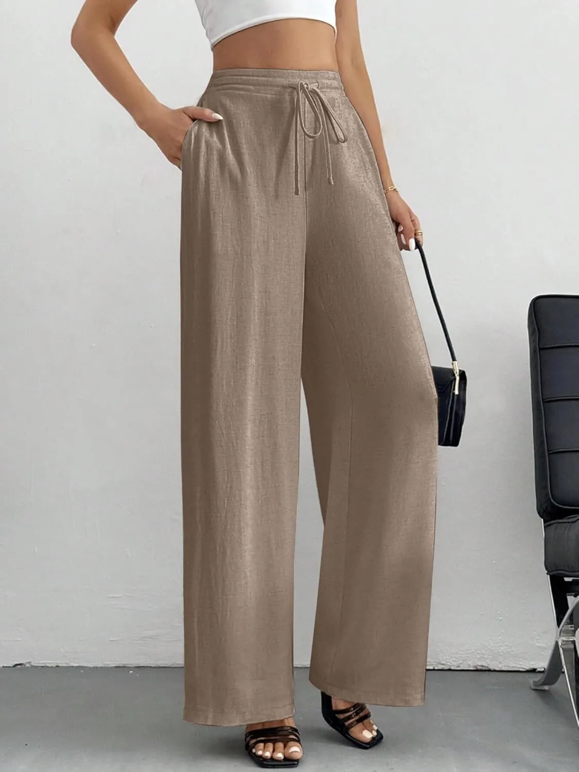 Women's Linen Pants for Summer Loose Beach Palazzo Pants with Pockets