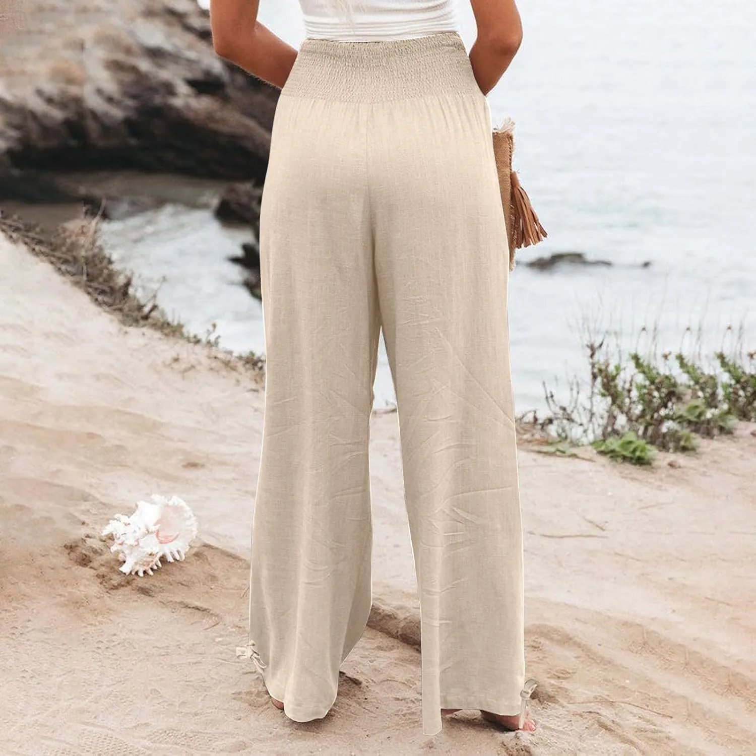 Womens Linen Pants Smocked Waisted Wide Leg Pants Summer Casual Beach Pants Baggy Comfy Yoga Pants with Pockets