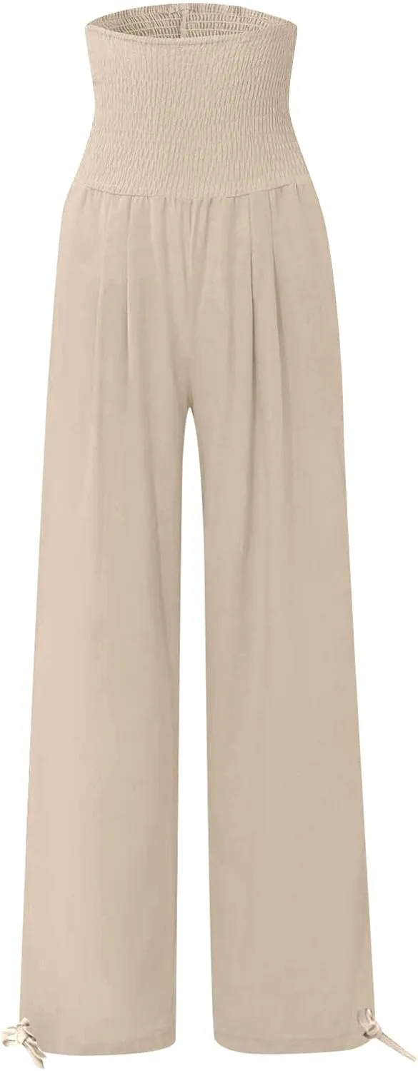 Womens Linen Pants Smocked Waisted Wide Leg Pants Summer Casual Beach Pants Baggy Comfy Yoga Pants with Pockets