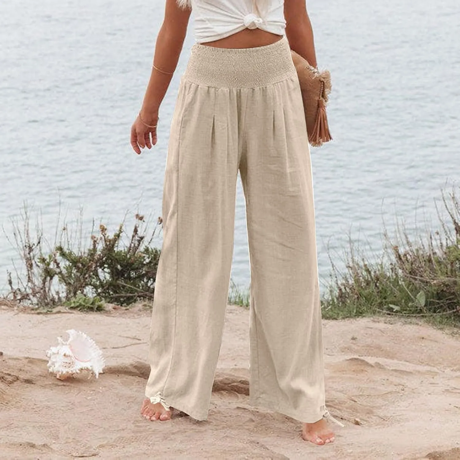 Womens Linen Pants Smocked Waisted Wide Leg Pants Summer Casual Beach Pants Baggy Comfy Yoga Pants with Pockets