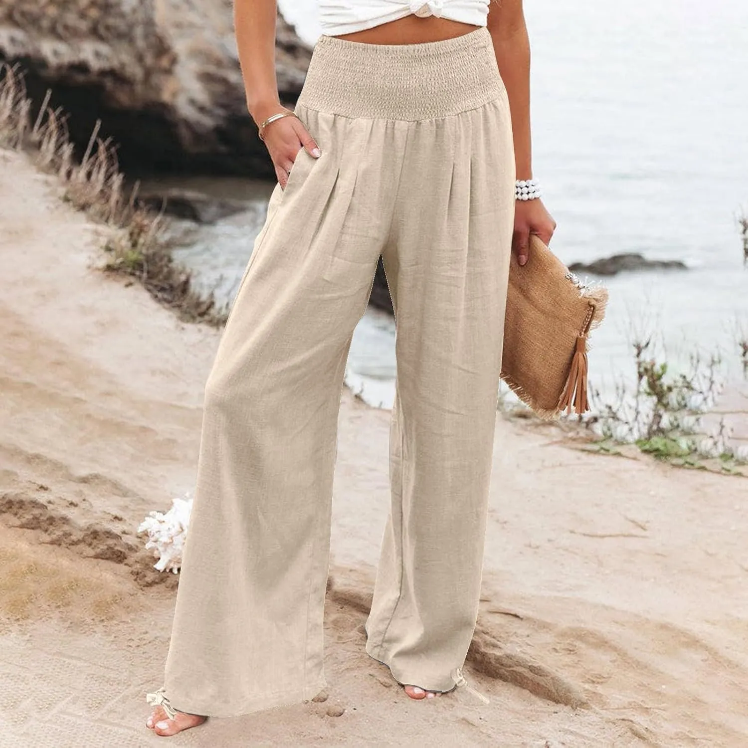 Womens Linen Pants Smocked Waisted Wide Leg Pants Summer Casual Beach Pants Baggy Comfy Yoga Pants with Pockets