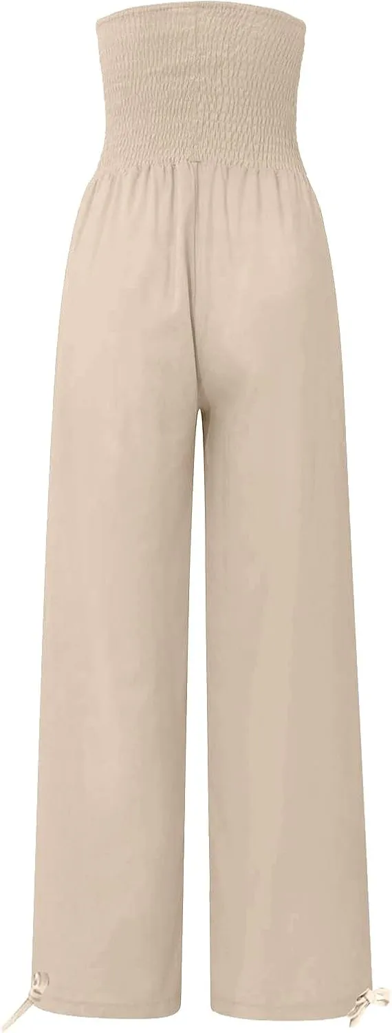 Womens Linen Pants Smocked Waisted Wide Leg Pants Summer Casual Beach Pants Baggy Comfy Yoga Pants with Pockets