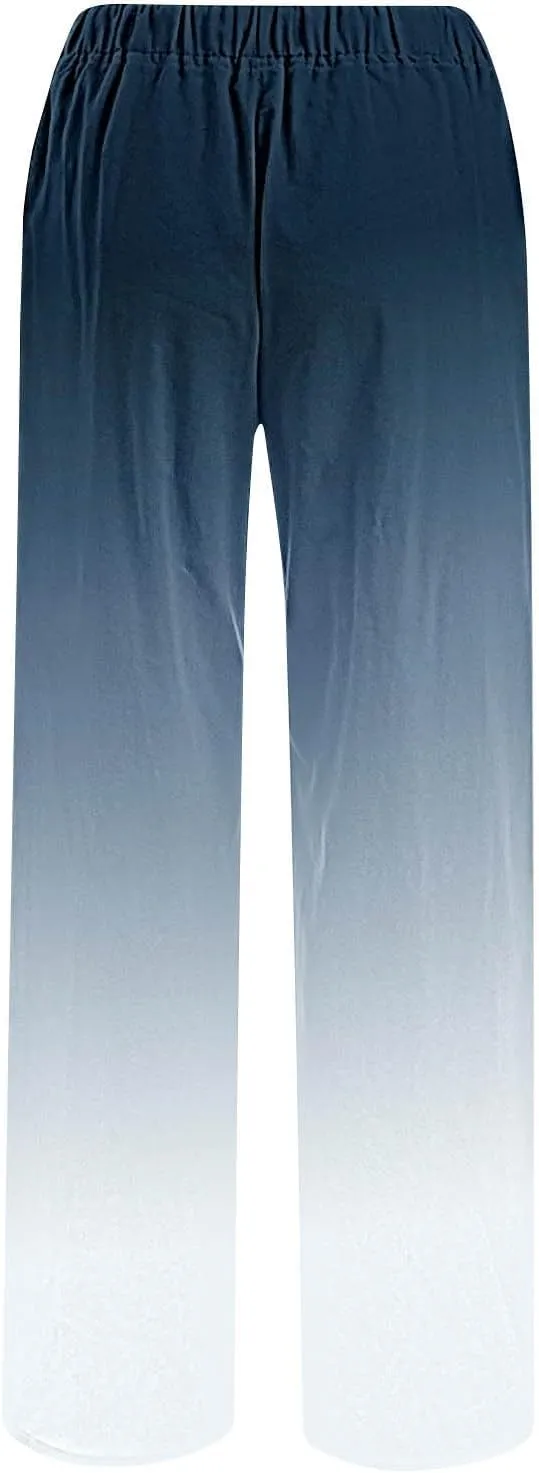 Womens Linen Pants with Pockets Gradient Drawstring Loose Fit Summer Palazzo Pants Casual Lightweight Loose Trousers