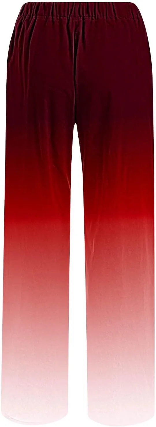 Womens Linen Pants with Pockets Gradient Drawstring Loose Fit Summer Palazzo Pants Casual Lightweight Loose Trousers