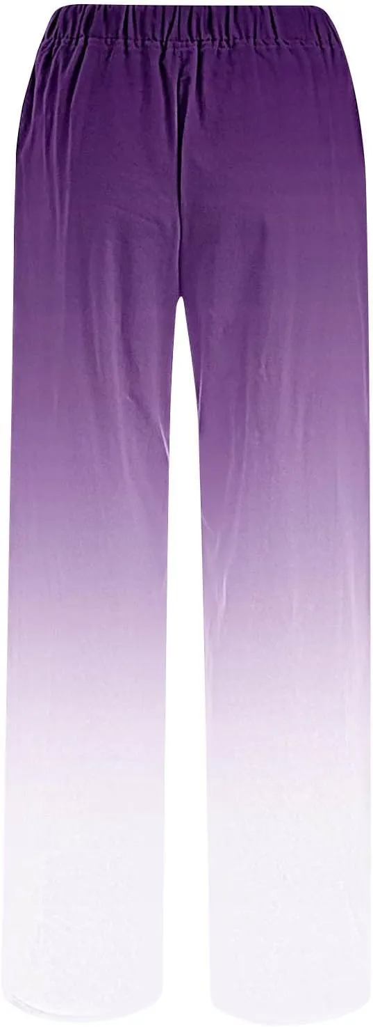 Womens Linen Pants with Pockets Gradient Drawstring Loose Fit Summer Palazzo Pants Casual Lightweight Loose Trousers