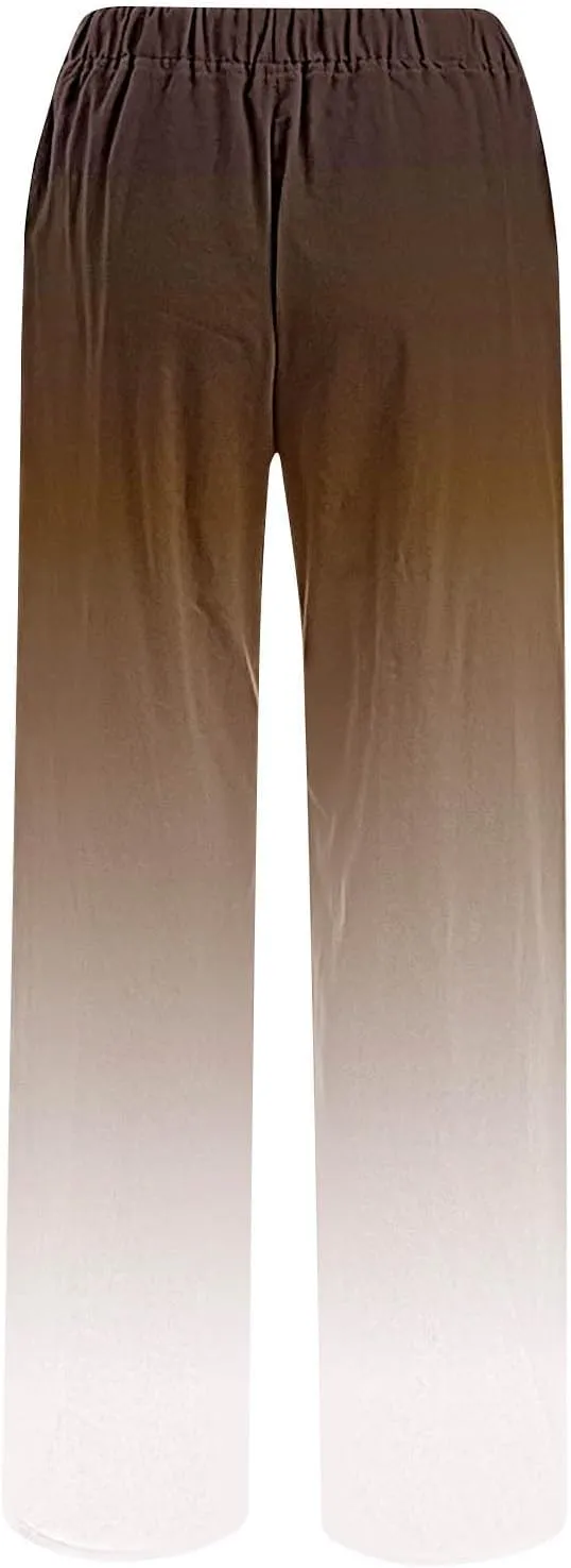 Womens Linen Pants with Pockets Gradient Drawstring Loose Fit Summer Palazzo Pants Casual Lightweight Loose Trousers
