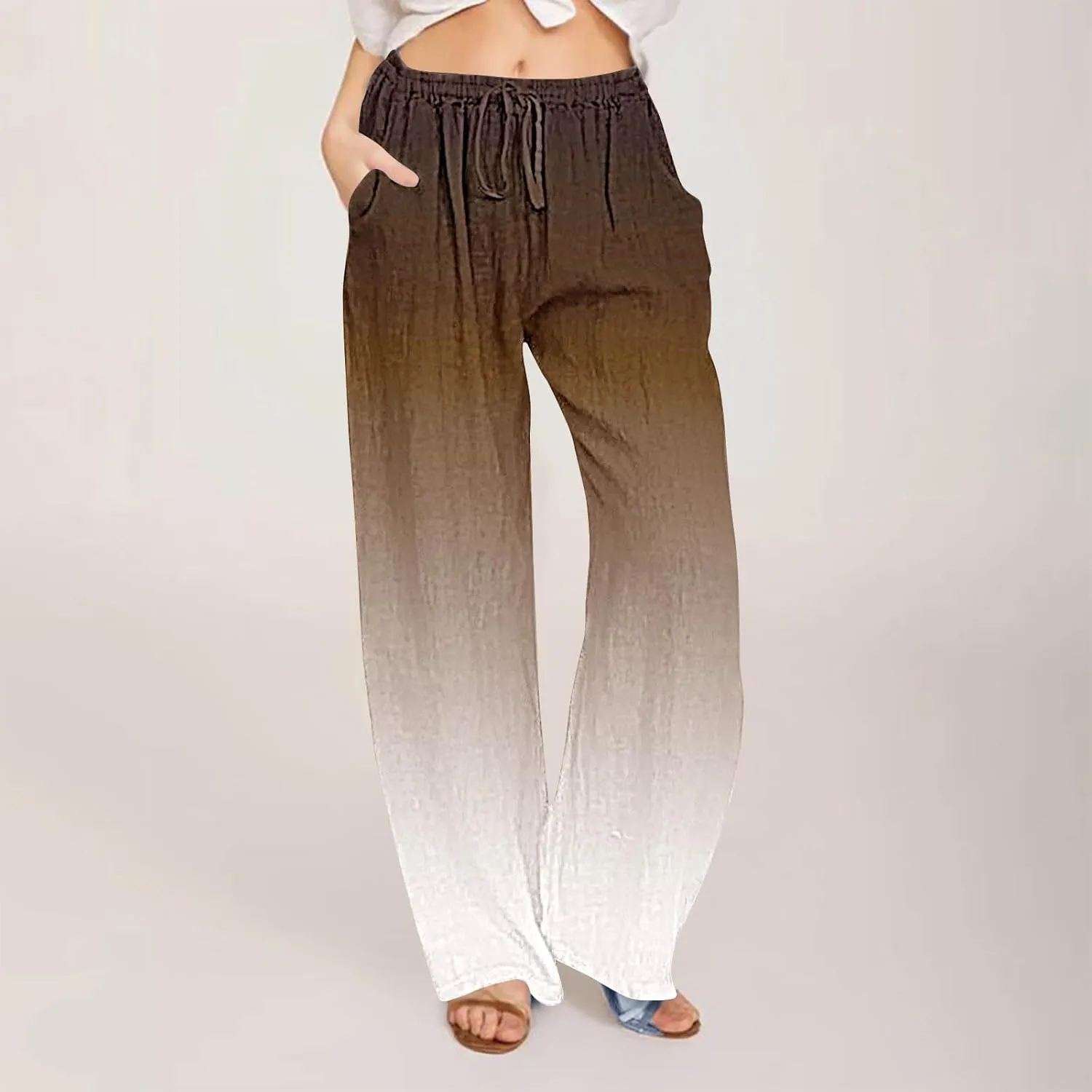 Womens Linen Pants with Pockets Gradient Drawstring Loose Fit Summer Palazzo Pants Casual Lightweight Loose Trousers