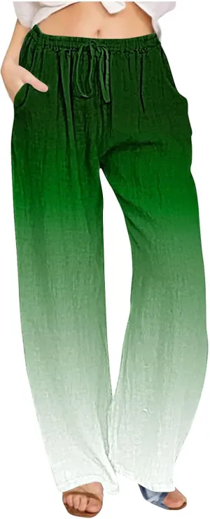 Womens Linen Pants with Pockets Gradient Drawstring Loose Fit Summer Palazzo Pants Casual Lightweight Loose Trousers