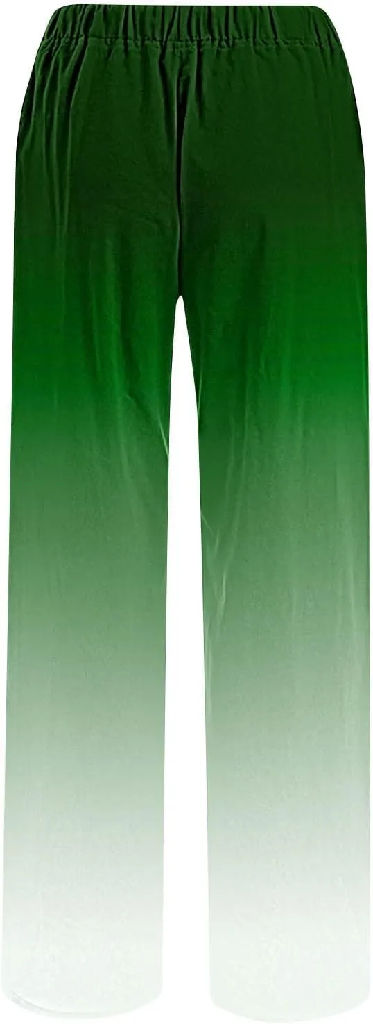 Womens Linen Pants with Pockets Gradient Drawstring Loose Fit Summer Palazzo Pants Casual Lightweight Loose Trousers
