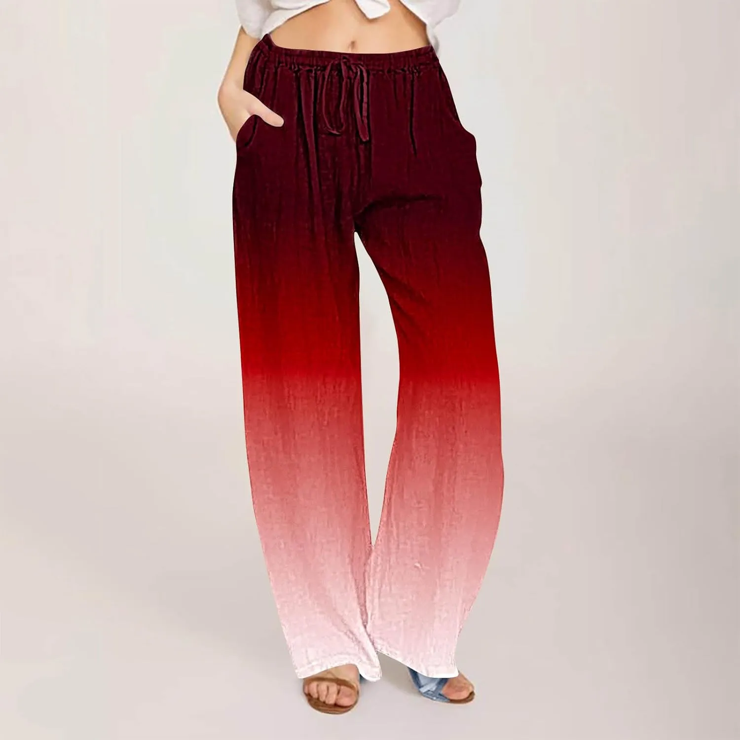 Womens Linen Pants with Pockets Gradient Drawstring Loose Fit Summer Palazzo Pants Casual Lightweight Loose Trousers