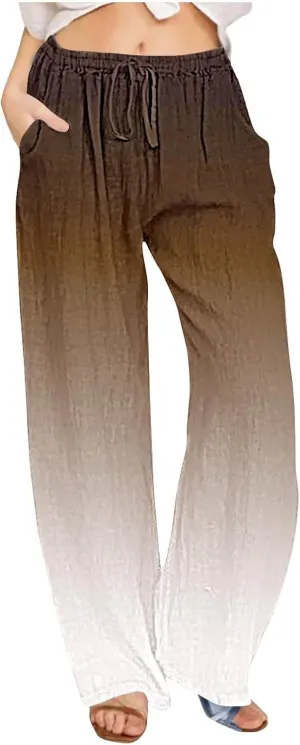 Womens Linen Pants with Pockets Gradient Drawstring Loose Fit Summer Palazzo Pants Casual Lightweight Loose Trousers
