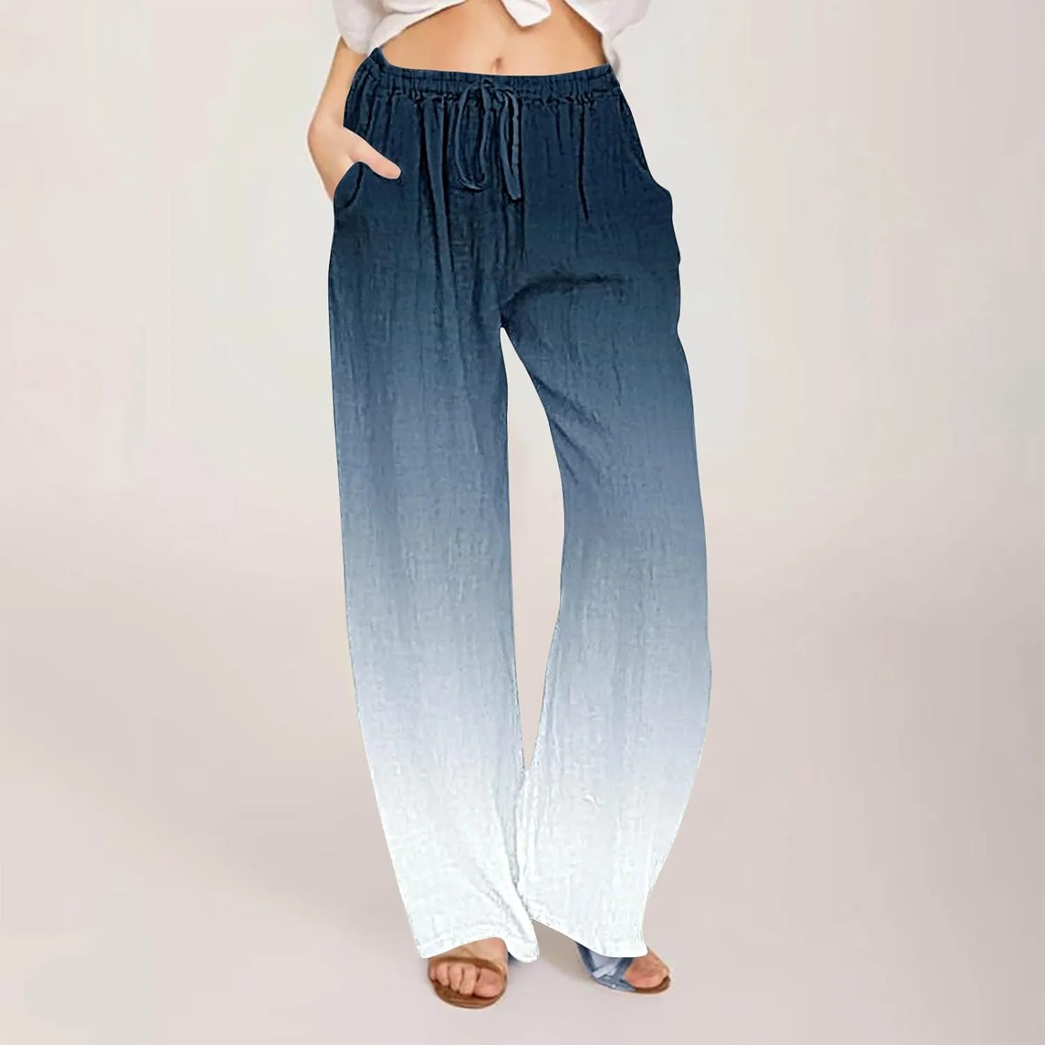 Womens Linen Pants with Pockets Gradient Drawstring Loose Fit Summer Palazzo Pants Casual Lightweight Loose Trousers