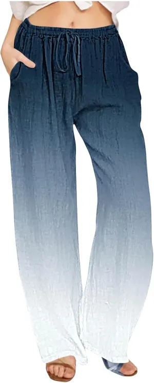 Womens Linen Pants with Pockets Gradient Drawstring Loose Fit Summer Palazzo Pants Casual Lightweight Loose Trousers