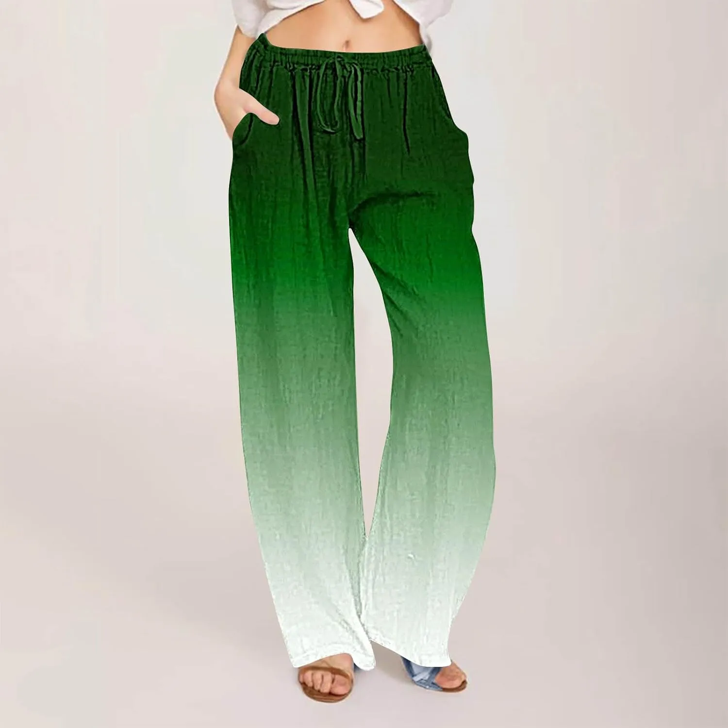 Womens Linen Pants with Pockets Gradient Drawstring Loose Fit Summer Palazzo Pants Casual Lightweight Loose Trousers