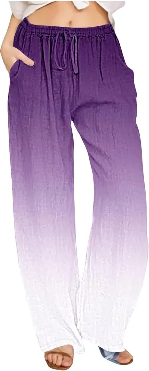 Womens Linen Pants with Pockets Gradient Drawstring Loose Fit Summer Palazzo Pants Casual Lightweight Loose Trousers