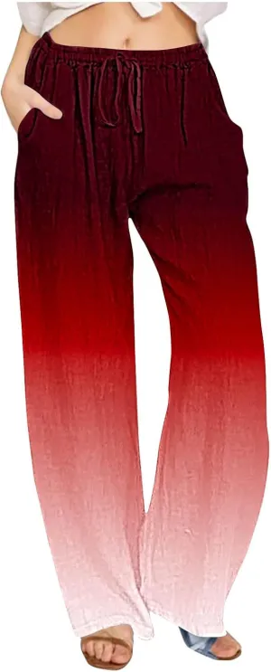 Womens Linen Pants with Pockets Gradient Drawstring Loose Fit Summer Palazzo Pants Casual Lightweight Loose Trousers